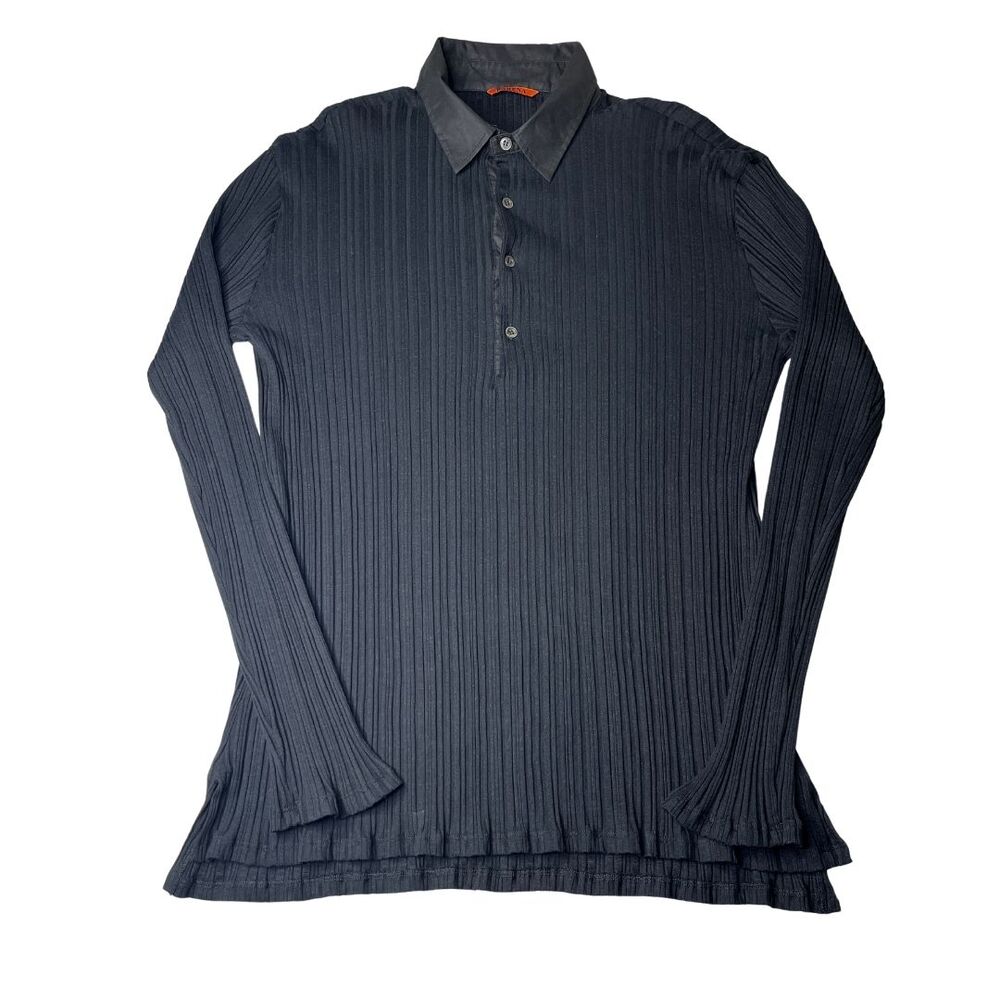 2-22 BARENA Men's 1/4 Button Cotton Pleated Stretch Top Black Large